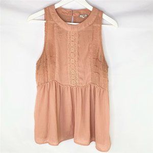 Eyeshadow Sleeveless Dusty Pink Boho Swiss Dot Peplum Top, Size Large